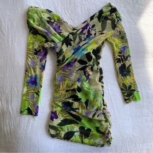 Vintage Fuzzi Mesh Tropical Floral Print Off Shoulder V Neck Ruched Top